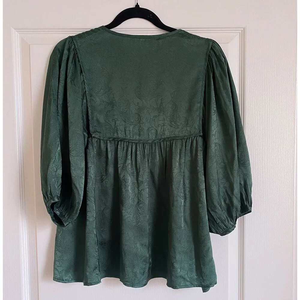 Auguste The Label Silk Green Jacquard Boho Peasant Blouse - AU 10/US M - Picture 4 of 7